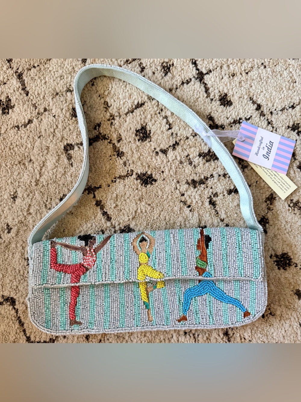 NWT VIRAL BEADED NAMASTE YOGA FLAP SHOULDER BAG, BLUE & GREY
